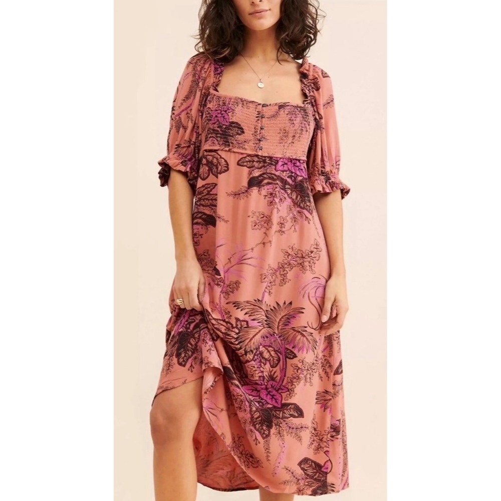 Anthropologie Pink Floral Midi Dress